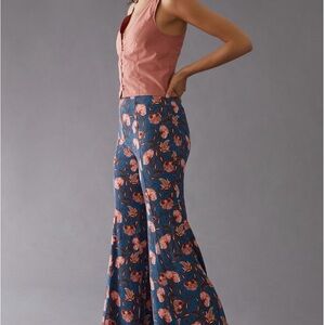 Anthropologie Blue and Pink Floral Flare Pants